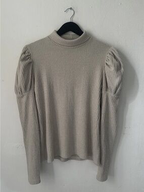 Hanout Women's Beige Ribbed Puff Sleeve Mock Neck Sweater Victorian Style